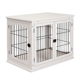 26" Wooden Dog Cage Dog Crate Furniture, Indoor Dog Kennel, Dog Cage End Table with 2 Lockable Doors Entrance & Top Shelf, White